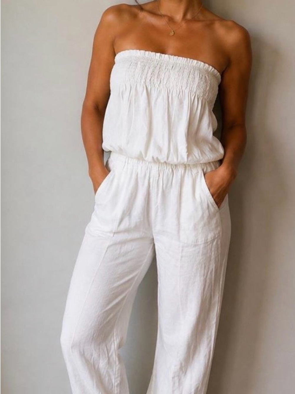 Cupshe White Strapless Smocked Linen Jumpsuit by cupshe large
